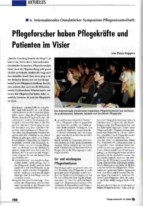Vorschauseite 1: Pflegeforscher haben Pflegekräfte und Patienten im Visier 6. Internationales Osnabrücker Symposium Pflegewissenschaft