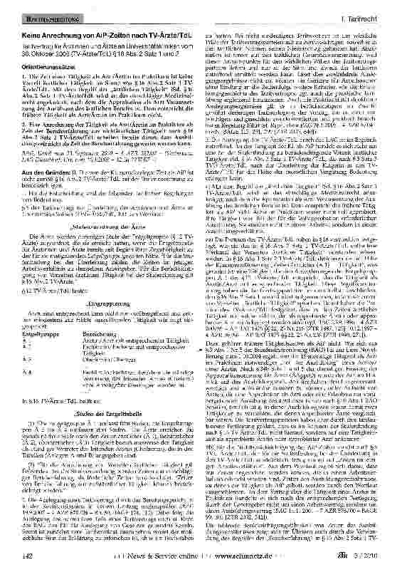Vorschauseite 1: Keine Anrechnung von AiP-Zeiten nach TV-Ärzte/TdL Tarifvertrag für Ärztinnen und Ärzte an Universitätskliniken vom 30. Oktober 2006 (TV-Ärzte/TdL) § 16 Abs. 2 Satz 1 und 2