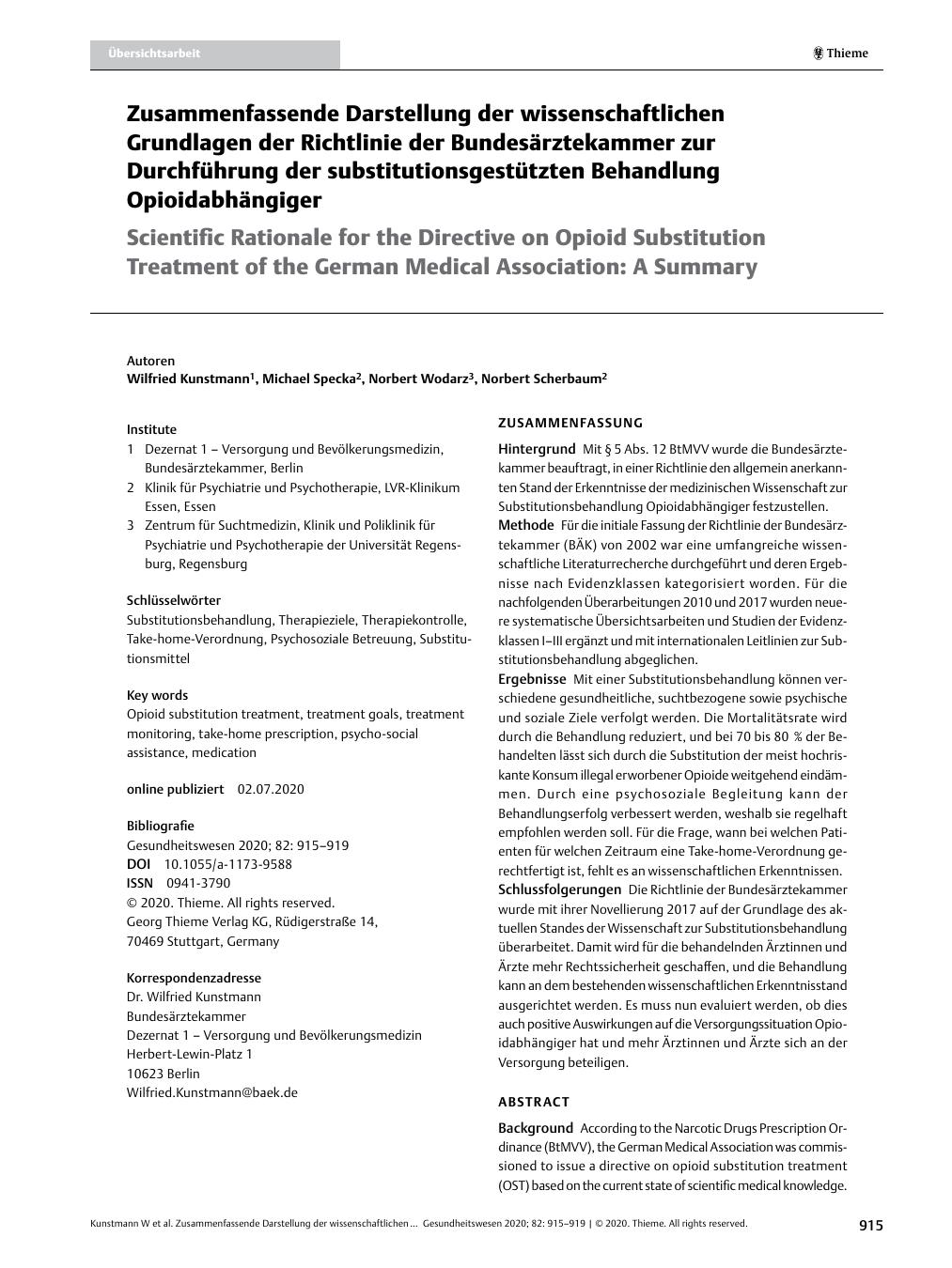 Vorschauseite 1: Zusammenfassende Darstellung der wissenschaftlichen Grundlagen der Richtlinie der Bundesärztekammer zur Durchführung der substitutionsgestützten Behandlung Opioidabhängiger