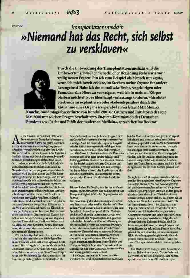 Vorschauseite 1: Niemand hat das Recht, sich selbst zu versklaven Transplantationsmedizin - Interview