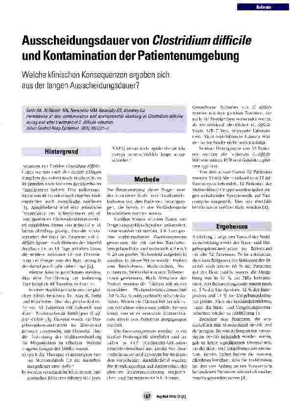 Vorschauseite 1: Ausscheidungsdauer von Clostridium difficile und Kontamination der Patientenumgebung