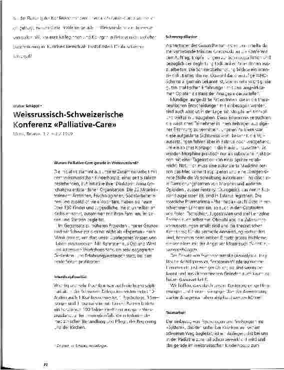 Vorschauseite 1: Weissrussisch-Schweizerische Konferenz Palliative-Care Minsk, Belarus, 1. 7. - 3. 7. 1999