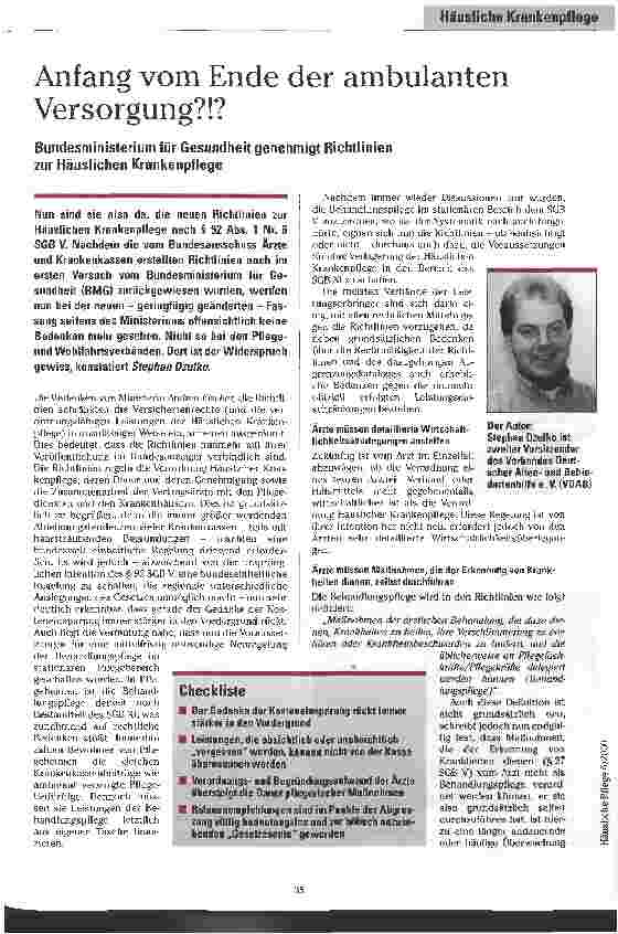 Vorschauseite 1: Anfang vom Ende der ambulanten Versorgung? !? Bundesministerium für Gesundheit genehmigt Richtlinien zur Häuslichen Krankenpflege n