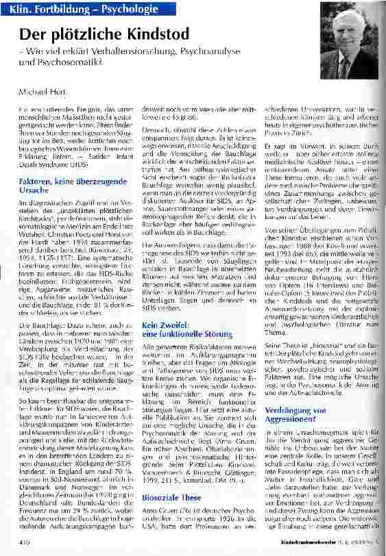 Vorschauseite 1: Der plötzliche Kindstod Wie viel erklärt Verhaltensforschung, Psychoanalyse und Psychosomatik?