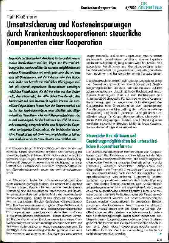 Vorschauseite 1: Umsatzsicherung und Kosteneinsparungen durch Krankenhauskooperationen Steuerliche Komponenten einer Kooperation