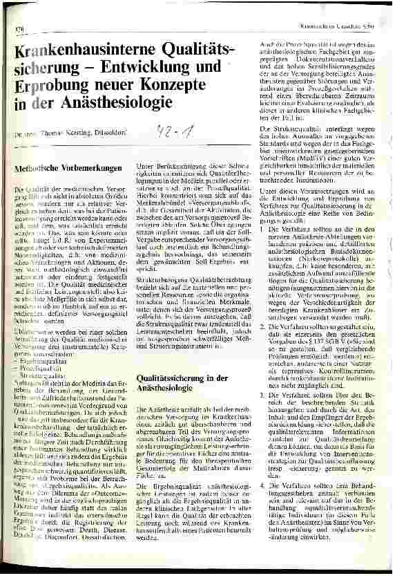 Vorschauseite 1: Krankenhausinterne Qualitätssicherung - Entwicklung und Erprobung neuer Konzepte in der Anästhesiologie