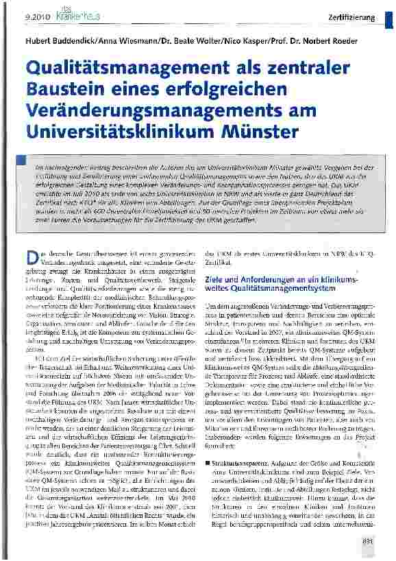 Vorschauseite 1: Qualitätsmanagement als zentraler Baustein eines erfolgreichen Veränderungsmanagements am Universitätsklinikum Münster