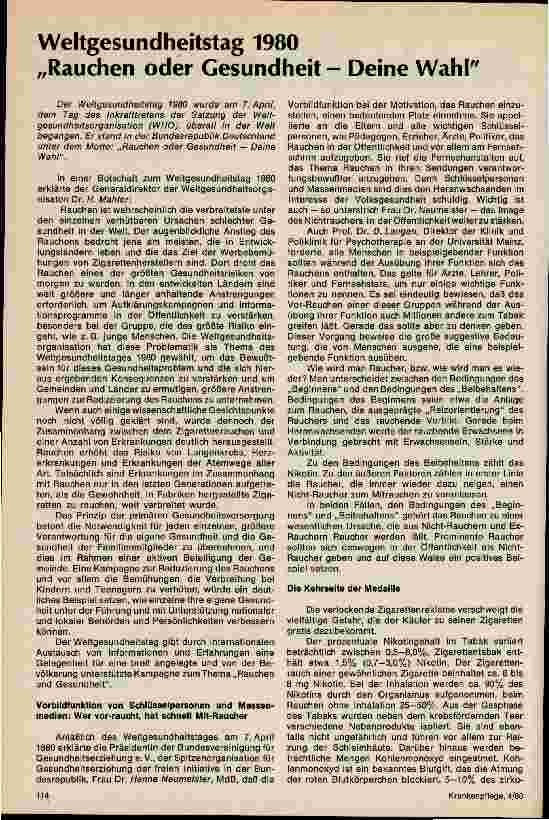 Vorschauseite 1: Weltgesundheitstag 1980 Rauchen oder Gesundheit - Deine Wahl