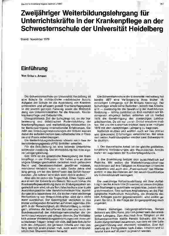 Vorschauseite 1: Zweijähriger Weiterbildungslehrgang für Unterrichtskräfte an der Schwesternschule der Uni Heidelberg, Stand Nov. 1979