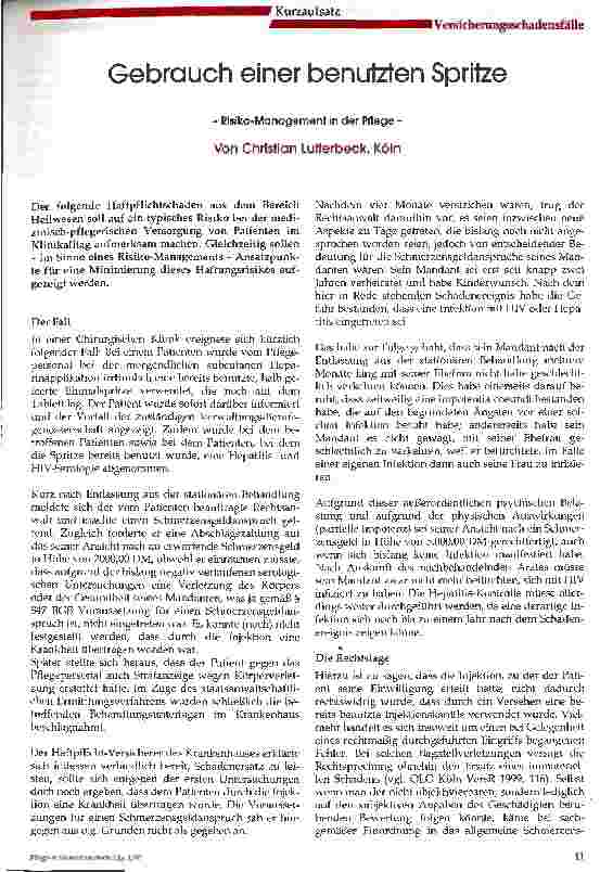 Vorschauseite 1: Gebrauch einer benutzten Spritze Risiko-Management in der Pflege