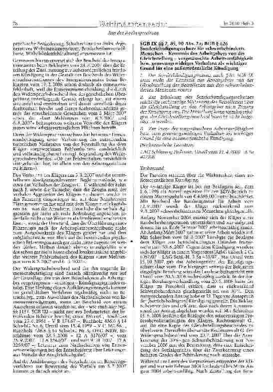 Vorschauseite 1: SGB IX §§ 2, 85, 90 Abs. 2 a; BGB § 626 Sonderkündigungsschutz für schwerbehinderte Menschen - Kenntnis des Arbeitgebers von der Gleichstellung - vorgetäuschte Arbeitsunfähigkeit…