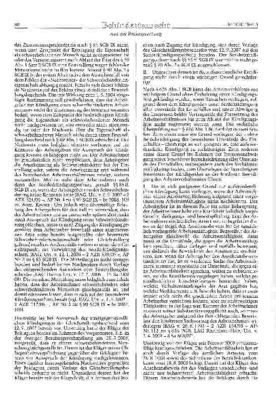 Vorschauseite 3: SGB IX §§ 2, 85, 90 Abs. 2 a; BGB § 626 Sonderkündigungsschutz für schwerbehinderte Menschen - Kenntnis des Arbeitgebers von der Gleichstellung - vorgetäuschte Arbeitsunfähigkeit…