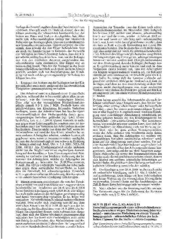 Vorschauseite 4: SGB IX §§ 2, 85, 90 Abs. 2 a; BGB § 626 Sonderkündigungsschutz für schwerbehinderte Menschen - Kenntnis des Arbeitgebers von der Gleichstellung - vorgetäuschte Arbeitsunfähigkeit…