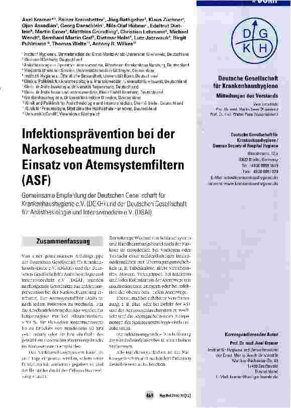 Vorschauseite 1: Infektionsprävention bei der Narkosebeatmung durch Einsatz von Atemsystemfiltern (ASF)
