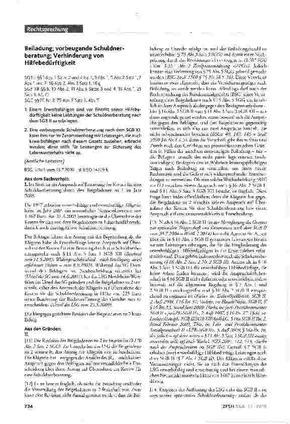 Vorschauseite 1: Beiladung; vorbeugende Schuldnerberatung; Verhinderung von HilfebedürftigkeitSGB II §§1 Abs.1 Sätze 2 und 4 Nr.1, 3 Abs.l, 5 Abs.2 Satz 1, 7Abs.1 und 2,16 Abs.2, Abs.3 Satz 1,16 g…
