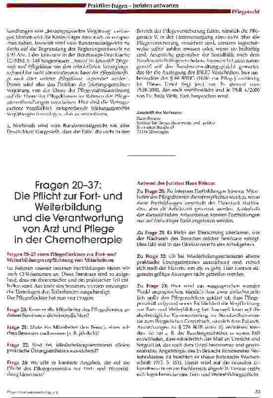 Vorschauseite 1: Die Pflicht zur Fortund Weiterbildung und die Verantwortung von Arzt und Pflege in der Chemotherapie
