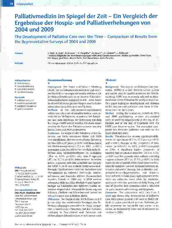 Vorschauseite 1: Palliativmedizin im Spiegel der Zeit - Ein Vergleich der Ergebnisse der Hospizund Palliativerhebungen von 2004 und 2009