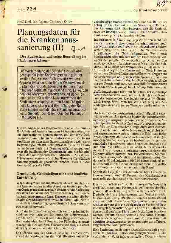 Vorschauseite 1: Planungsdaten für die Krankenhaussanierung (II) - Der Baubestand und seine Beurteilung im Planungsverfahren