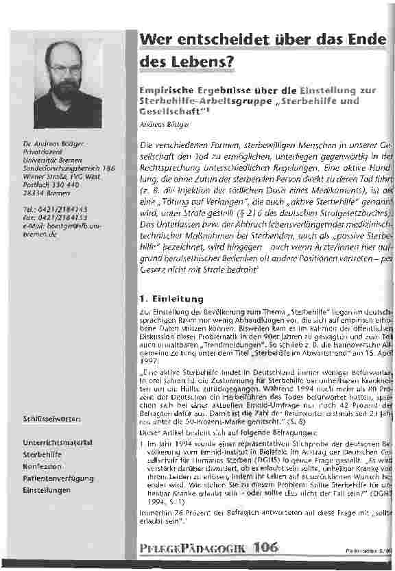 Vorschauseite 1: Wer entscheidet über das Ende des Lebens? Empirische Ergebnisse über die Einstellung zur Sterbehilfe