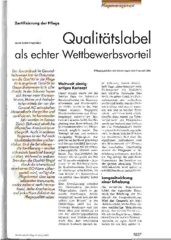 Vorschauseite 1: Qualitätslabel als echter Wettbewerbsvorteil Zertifizierung der Pflege