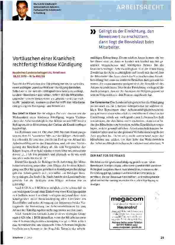 Vorschauseite 1: Vortäuschen einer Krankheit rechtfertigt fristlose Kündigung