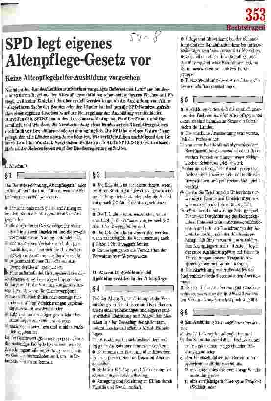 Vorschauseite 1: SPD legt ein eigenes Altenpflege-Gesetz vor: Keine Altenpflegehelfer- Ausbildung vorgesehen