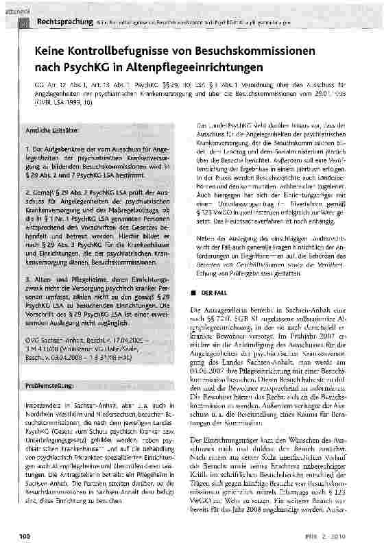 Vorschauseite 1: Keine Kontrollbefugnisse von Besuchskommissionen nach PsychKG in Altenpflegeeinrichtungen