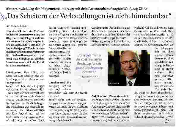Vorschauseite 1: Weiterentwicklung der Pflegenoten: Interview mit dem Patientenbeauftragten Wolfgang Zöller„Das Scheitern der Verhandlungen ist nicht hinnehmbar