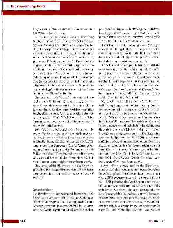 Vorschauseite 2: Schadensersatz wegen einer Perforation der Darmwand bei einer Koloskopie