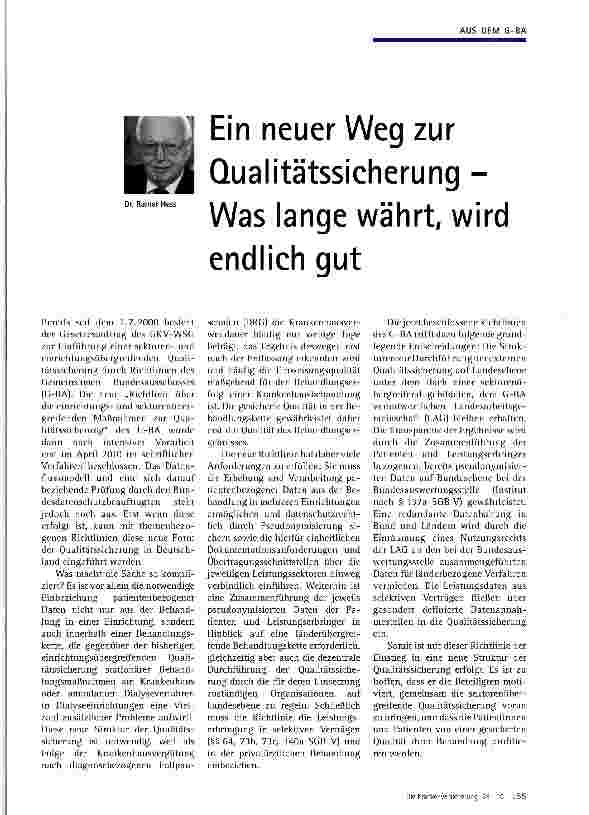 Vorschauseite 1: Ein neuer Weg zur Qualitätssicherung -Was lange währt, wird endlich gut