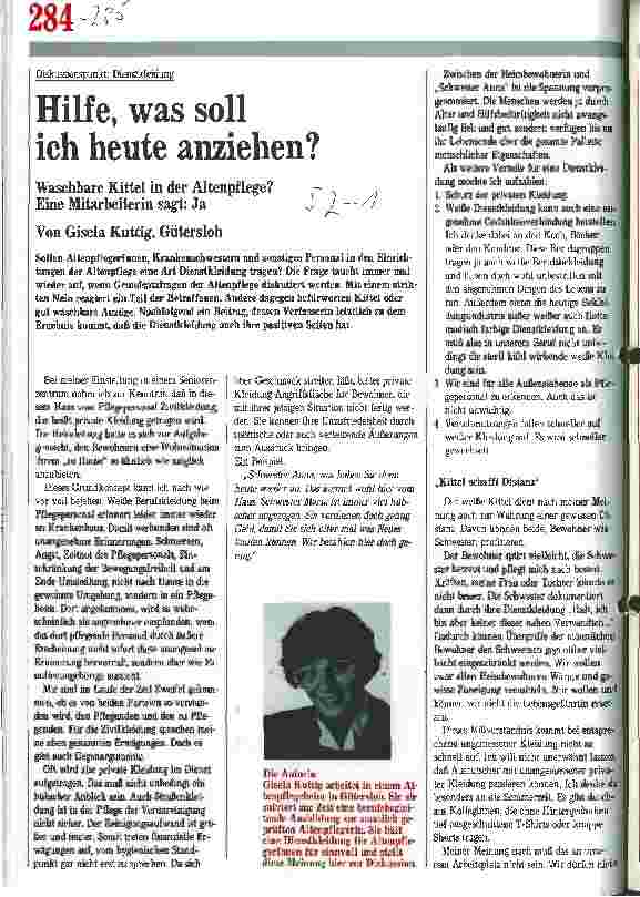 Vorschauseite 1: Diskussionspunkt: Dienstkleidung. Hilfe, was soll ich heute anziehen? Waschbare Kittel in der Altenpflege? Eine Mitarbeiterin sagt: Ja.