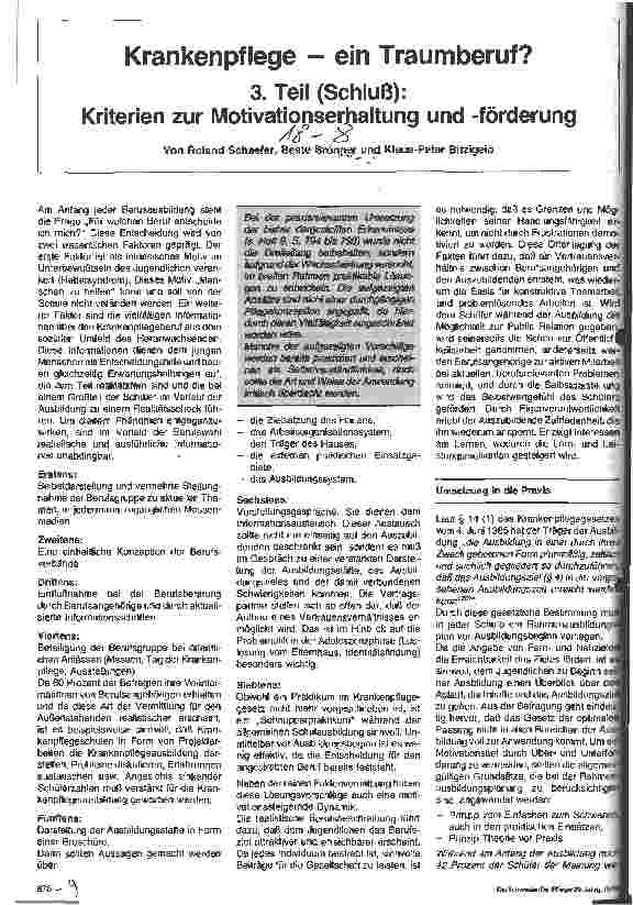 Vorschauseite 1: Krankenpflege - ein Traumberuf? 3. Teil (Schluß): Kriterien zur Motivationserhaltung und -förderung