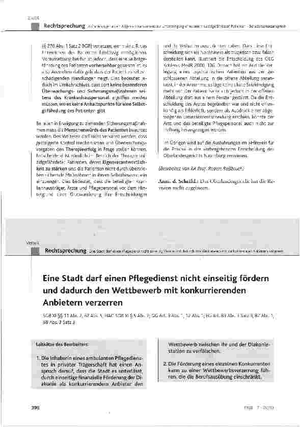 Vorschauseite 1: Eine Stadt darf einen Pflegedienst nicht einseitig fördern und dadurch den Wettbewerb mit konkurrierenden Anbietern verzerren