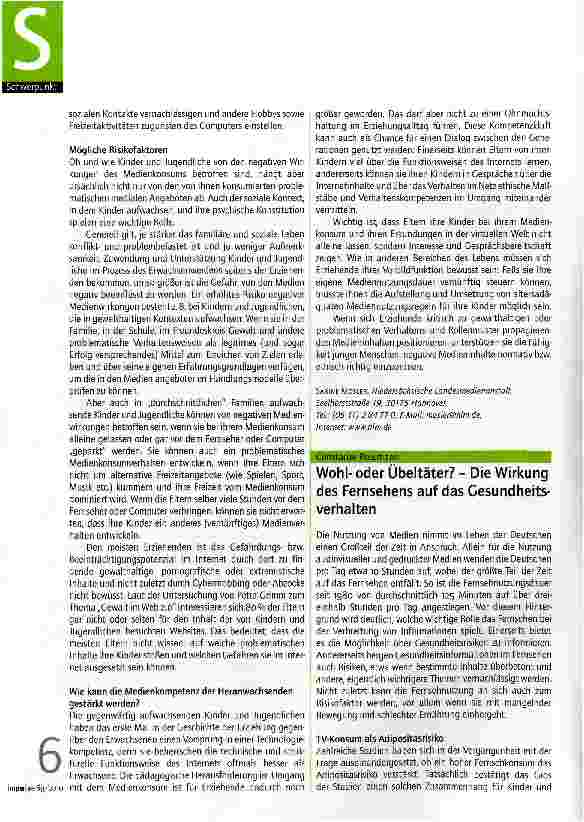 Vorschauseite 1: Wohloder Übeltäter? - Die Wirkung des Fernsehens auf das Gesundheitsverhalten