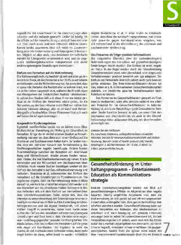 Vorschauseite 2: Wohloder Übeltäter? - Die Wirkung des Fernsehens auf das Gesundheitsverhalten