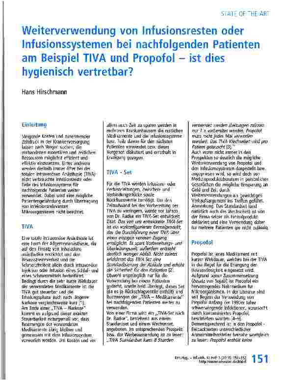 Vorschauseite 1: Weiterverwendung von Infusionsresten oder Infusionssystemen bei nachfolgenden Patienten am Beispiel TIVA und Propofol - ist dies hygienisch vertretbar?