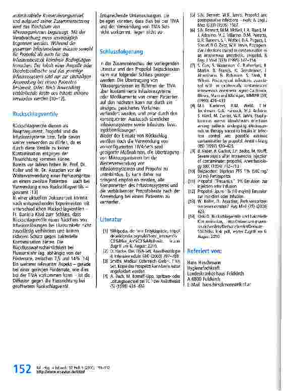 Vorschauseite 2: Weiterverwendung von Infusionsresten oder Infusionssystemen bei nachfolgenden Patienten am Beispiel TIVA und Propofol - ist dies hygienisch vertretbar?