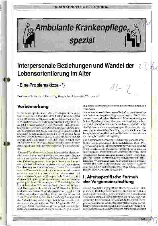 Vorschauseite 1: Interpersonale Beziehungen und Wandel der Lebensorientierung im Alter - Eine Problemskizze -