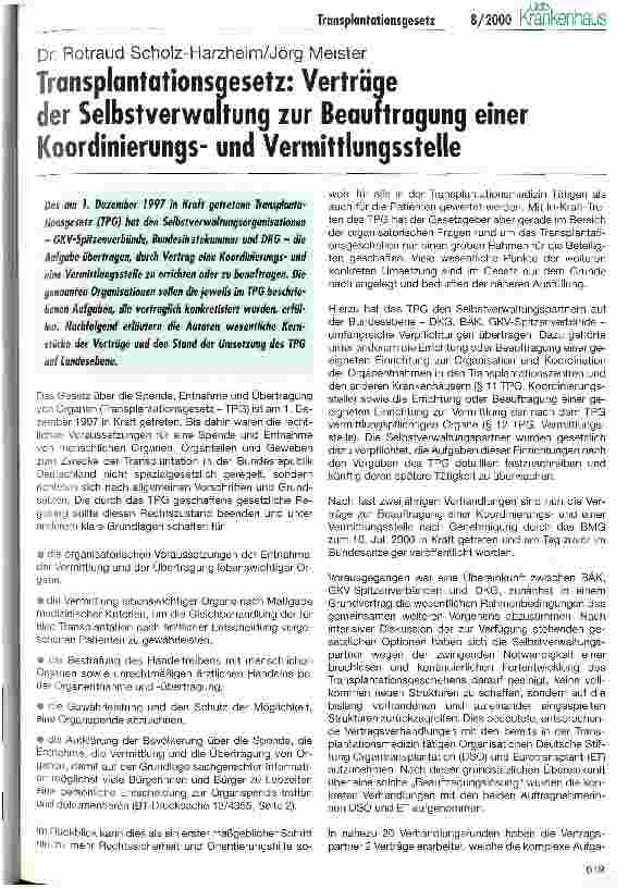 Vorschauseite 1: Transplantationsgesetz: Verträge der Selbstverwaltung zur Beauftragung einer Koordinierungsund Vermittlungsstelle