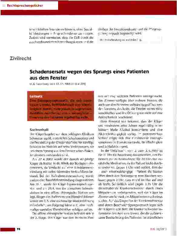 Vorschauseite 1: Schadensersatz wegen des Sprungs eines Patienten aus dem Fenster