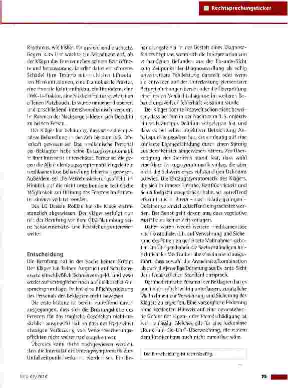 Vorschauseite 2: Schadensersatz wegen des Sprungs eines Patienten aus dem Fenster