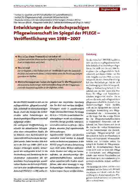 Vorschauseite 1: Entwicklungen der deutschsprachigen Pflegewissenschaft im Spiegel der PFLEGE -Veröffentlichung von 1988-2007