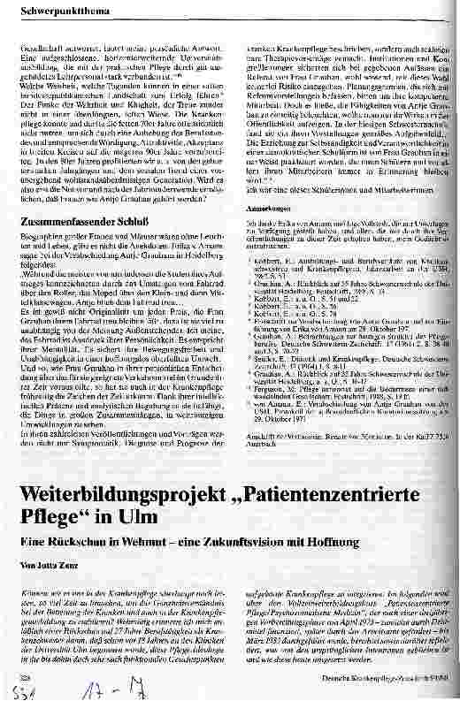 Vorschauseite 1: Weiterbildungsprojekt Patientenzentrierte Pflege in Ulm Eine Rückschau in Wehmut - eine Zukunftsvision mit Hoffnung