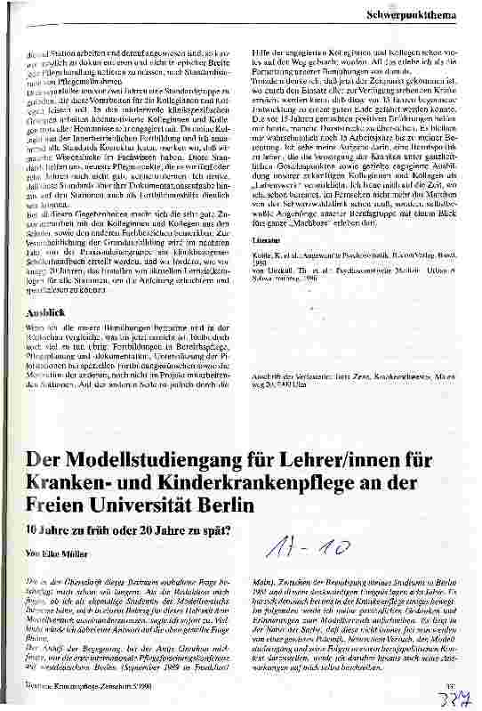 Vorschauseite 4: Weiterbildungsprojekt Patientenzentrierte Pflege in Ulm Eine Rückschau in Wehmut - eine Zukunftsvision mit Hoffnung