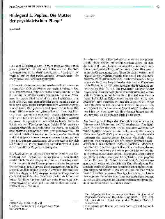 Vorschauseite 1: Hildegard E. Peplau: Die Mutter der psychiatrischen Pflege Nachruf