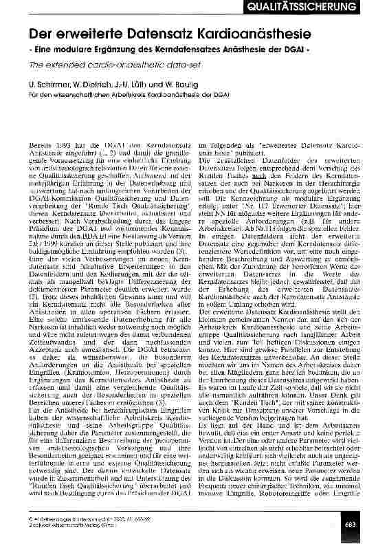 Vorschauseite 1: Der erweiterte Datensatz Kardioanästhesie - Eine modulare Ergänzung des Kerndatensatzes Anästhesie der DGAI -