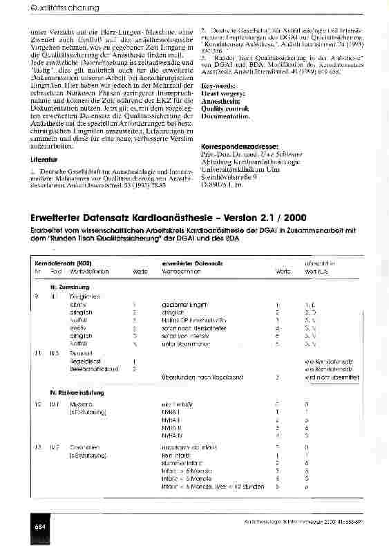 Vorschauseite 2: Der erweiterte Datensatz Kardioanästhesie - Eine modulare Ergänzung des Kerndatensatzes Anästhesie der DGAI -