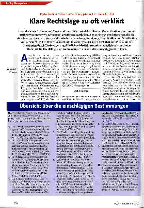 Vorschauseite 1: Klare Rechtslage zu oft verklärt Resterilisation: Wiederaufbereitung gebrauchter Einmalartikel