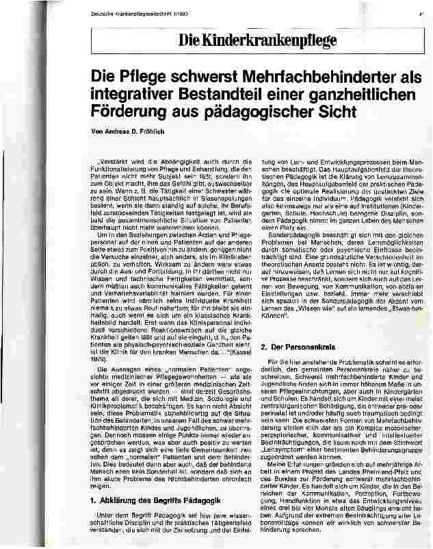 Vorschauseite 1: Die Pflege schwerst Mehrfachbehinderter als integrativer Bestandteil einer ganzheitlichen Förderung aus pädagogischer Sicht