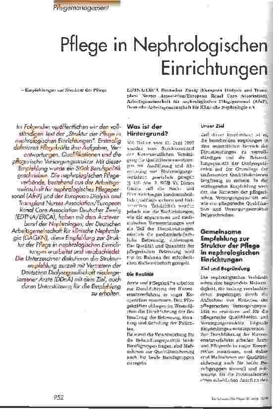 Vorschauseite 1: Pflege in Nephrologischen Einrichtungen - Empfehlungen zur Struktur der Pflege -